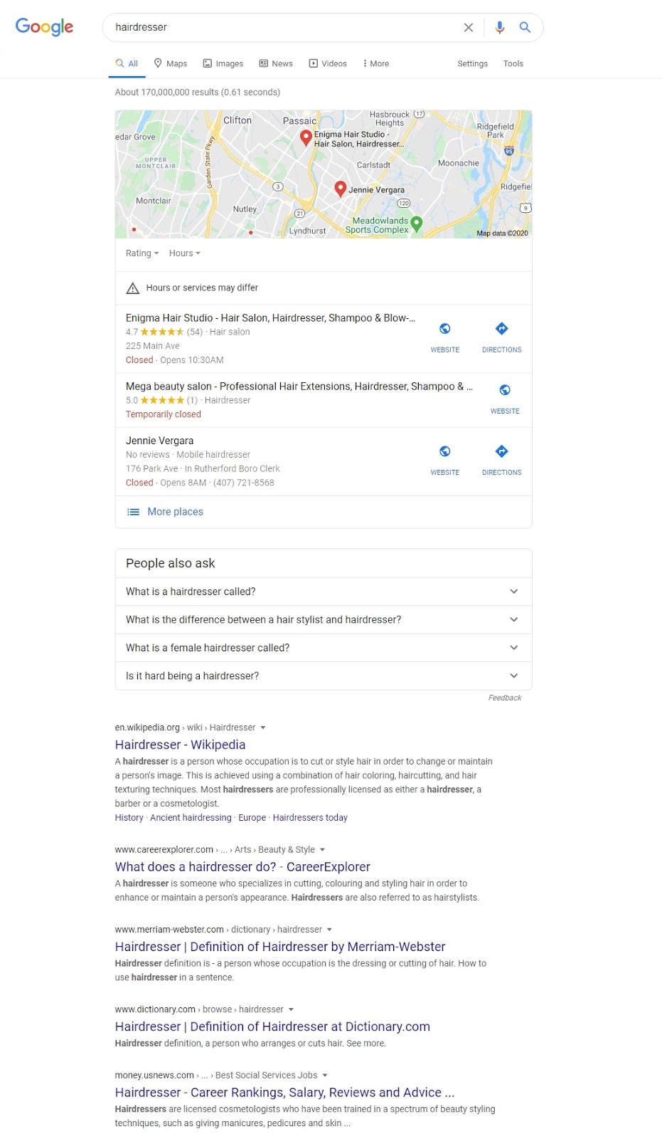 A snapshot showing Google results for Hairdresser