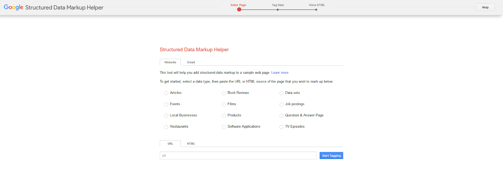A view of the Google Structured Data Markup Helper tool