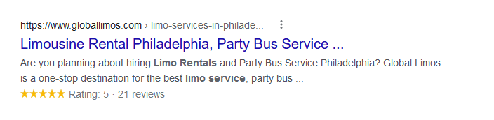 Local SEO Tips: A search result where the ratings of a limo rental service is shown alongwith search result